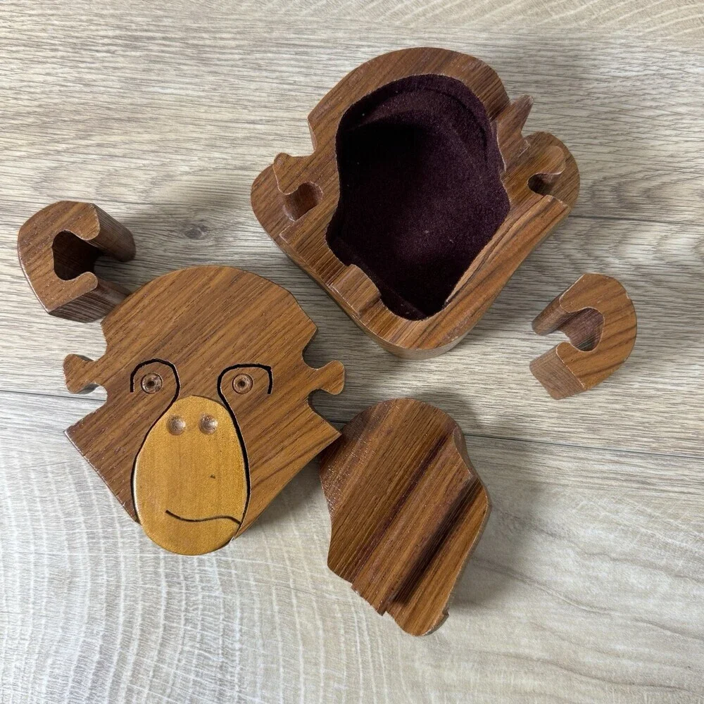 VTG Handcrafted Wooden Monkey Puzzle Trinket Box Teacher Gift Unique